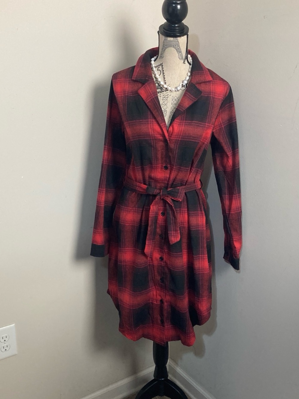 New Look Red and Black Plaid Long Sleeve Shirt Dress